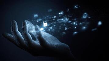 The hand displaying digital security concepts in a futuristic environment. photo