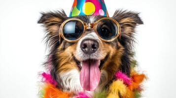 The cheerful dog in sunglasses celebrating a colorful birthday party. photo