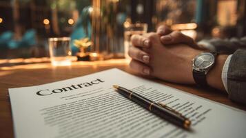 The contract on a desk with hands clasped in deep thought. photo