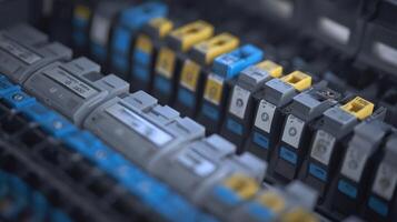 The detailed view of modern electrical circuit breakers in a control panel. photo