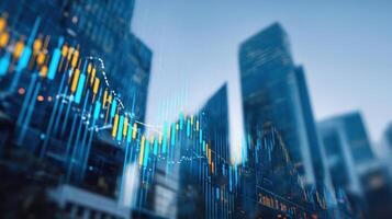 The dynamic stock market graph overlaid on a modern city skyline. photo