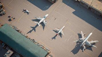 The aerial view of multiple airplanes parked at a busy airport terminal. photo