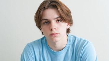 The young man with serious expression in a casual blue shirt photo