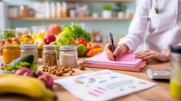 The vibrant kitchen scene with fresh ingredients and a focus on meal planning. photo