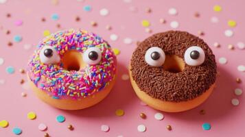 The playful donuts with googly eyes set against a pink backdrop photo