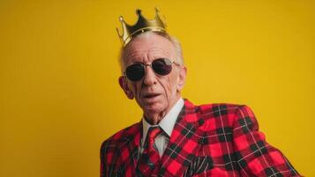 The stylish elderly gentleman wearing a crown and sunglasses against a vibrant background. photo