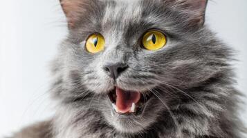The adorable gray cat with striking yellow eyes expressing surprise and joy. photo