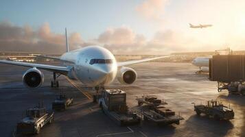 The airplane at sunrise ready for departure with baggage handling in progress. photo
