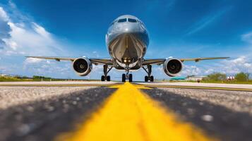 The majestic airplane captured on a sunny day at the runway. photo