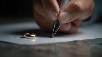 The elegant hand writing a heartfelt message alongside the wedding ring. photo