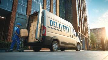 The delivery van unloading packages in an urban environment during daylight. photo