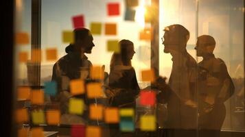 The vibrant silhouettes of professionals collaborating in an inspiring office setting. photo