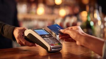 The payment process involving a credit card at a bar counter. photo