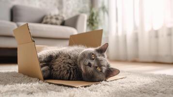The adorable gray cat peacefully lounging in a cardboard box at home. photo