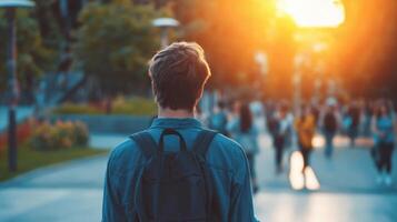 The young man walking towards the sunset in a bustling urban environment. photo