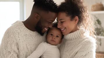 The loving family embracing their adorable baby in cozy sweaters. photo