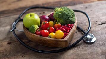 The heart-shaped bowl overflowing with vibrant fruits and vegetables for health. photo
