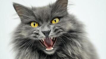 The striking expression of a fierce gray cat with bright yellow eyes. photo