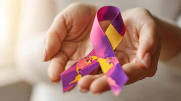 The colorful ribbon symbolizing global unity and awareness held in hands. photo