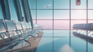 The modern airport terminal showcasing sleek seating and a distant airplane. photo