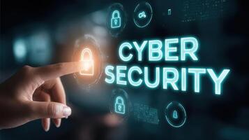 The hand interacting with a futuristic cybersecurity interface and lock visual photo