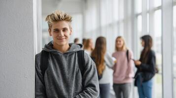 The smiling teenager enjoying a moment in a modern school hallway. photo