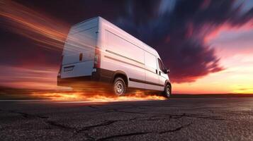 The van accelerating on a cracked road with vibrant sunset backdrop. photo