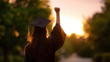 The graduate celebrating success against a stunning sunset backdrop. photo
