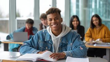 The engaged student smiling confidently in a vibrant learning environment. photo