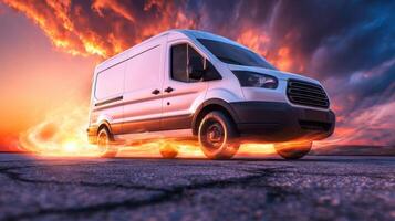 The dynamic delivery van amidst an explosive sunset backdrop. photo