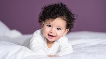 The adorable baby with curly hair smiling on a cozy white bed. photo