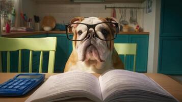 The bulldog wearing glasses studies a book and calculator in the kitchen. photo