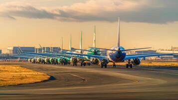 The fleet of airplanes lined up on the runway at sunset. photo