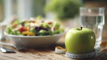 The fresh green apple beside a vibrant salad and glass of water photo