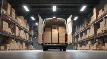 The delivery van in a warehouse filled with neatly stacked boxes. photo