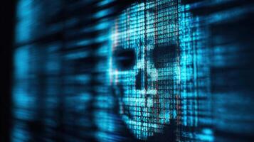 The glowing digital skull emerging from a backdrop of binary code. photo