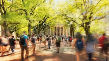The vibrant scene of bustling campus life under lush green trees. photo