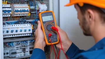 The technician using a multimeter to test electrical circuits in a control panel. photo