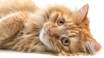 The adorable orange cat lying comfortably with captivating eyes. photo