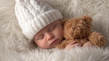 The adorable baby peacefully sleeping with a teddy bear in a cozy setting. photo