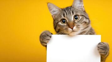 The cute tabby cat holding a blank sign against a vibrant yellow background. photo