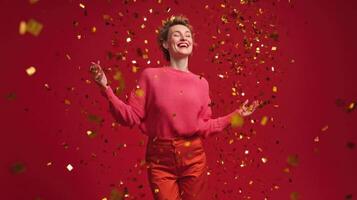 A woman in a pink sweater is surrounded by confetti photo