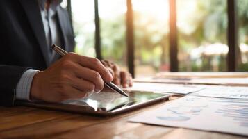 Businessman's hands writing on tablet pc with pen and paper photo
