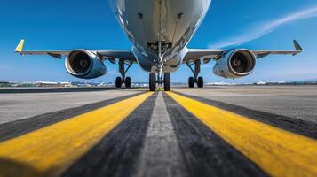 The airplane poised for takeoff on a sunny runway beneath a clear blue sky. photo