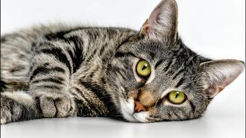The adorable tabby cat lounging comfortably on a white background photo