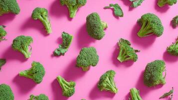 The vibrant arrangement of fresh broccoli on a pink background. photo