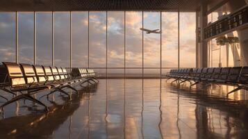 The serene airport terminal with an airplane taking off at sunset. photo