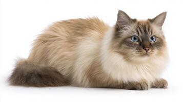 The fluffy cat with striking blue eyes resting comfortably on a soft surface. photo