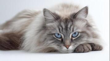 The beautiful fluffy cat with striking blue eyes resting on a white surface. photo