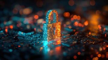 The glowing digital lock symbolizing cybersecurity and data protection in technology. photo
